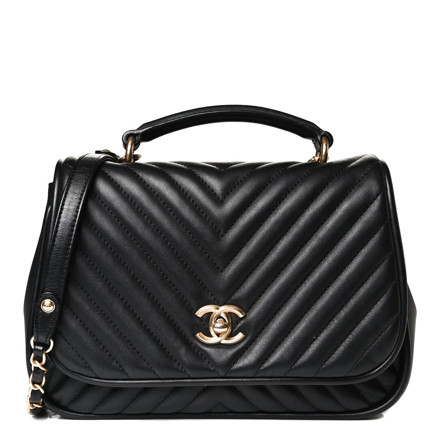 Lambskin Reverse Chevron Quilted Round Top Handle Flap Black