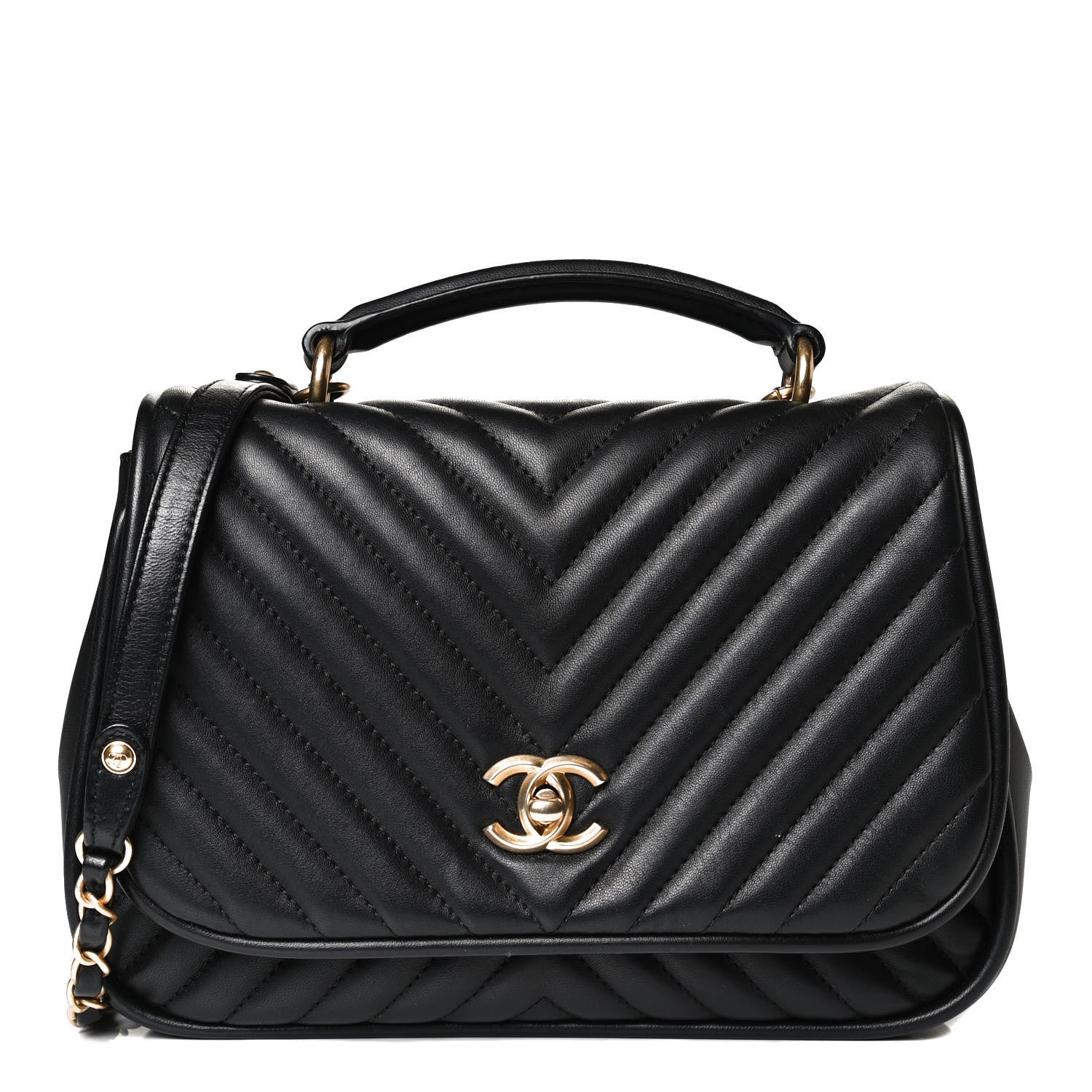 Chanel Lambskin Reverse Chevron Quilted Round Top Handle Flap Black 1 of 14