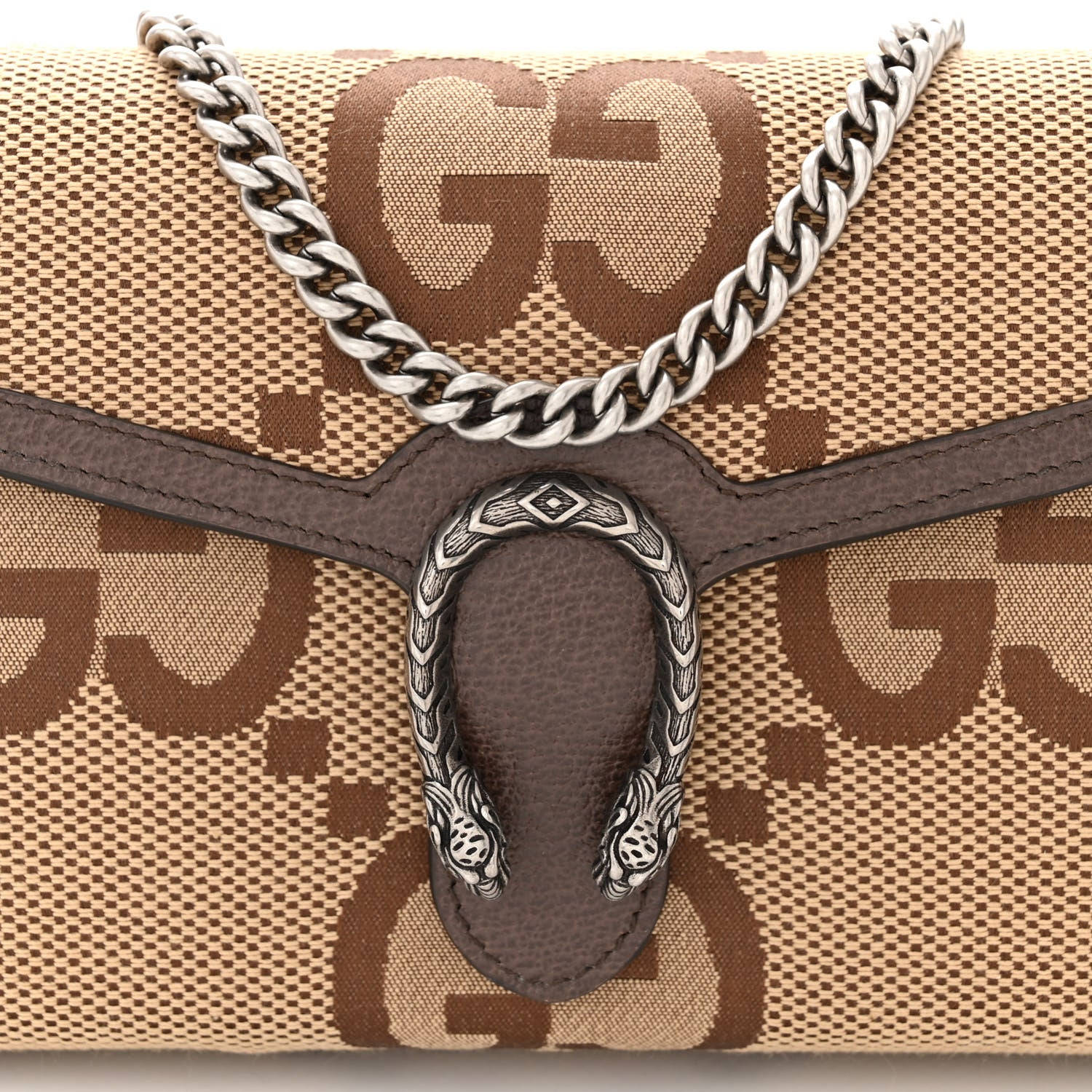 Gucci Monogram Jumbo GG Textured Dollar Calfskin Mini Dionysus Chain Wallet Camel Ebony New Acero 9 of 11