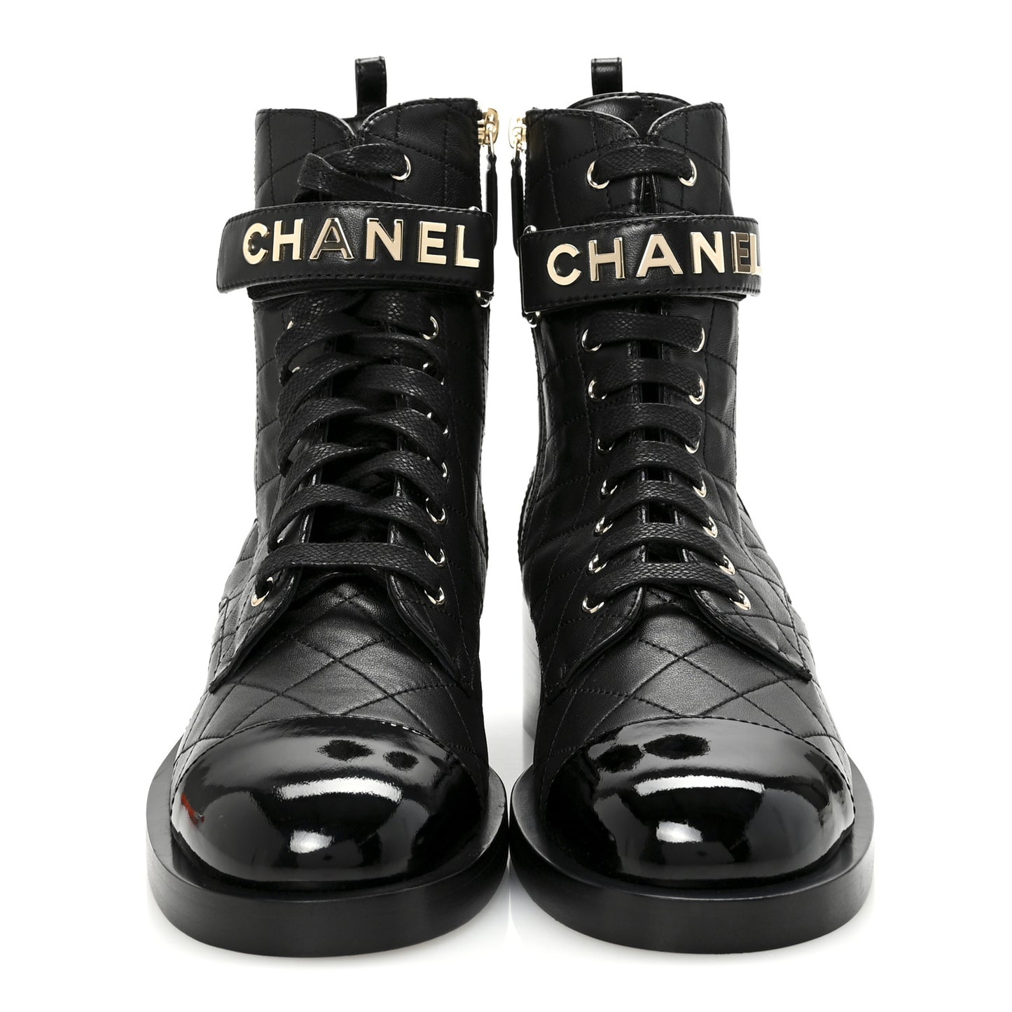 Lambskin Patent Calfskin Quilted Logo Lace Up Combat Boots 40.5 Black