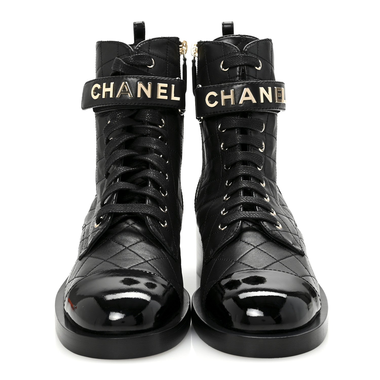 Chanel Lambskin Patent Calfskin Quilted Logo Lace Up Combat Boots 40.5 Black 3 of 10