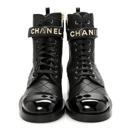 Chanel Lambskin Patent Calfskin Quilted Logo Lace Up Combat Boots 40.5 Black 3 of 10