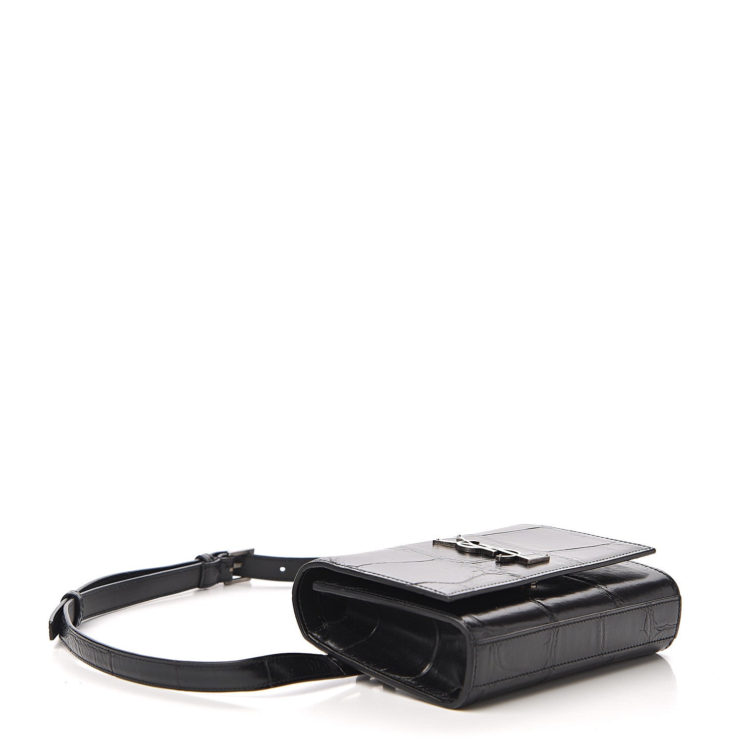 Saint Laurent Calfskin Crocodile Embossed Monogram Kate Belt Bag Black 3 of 12