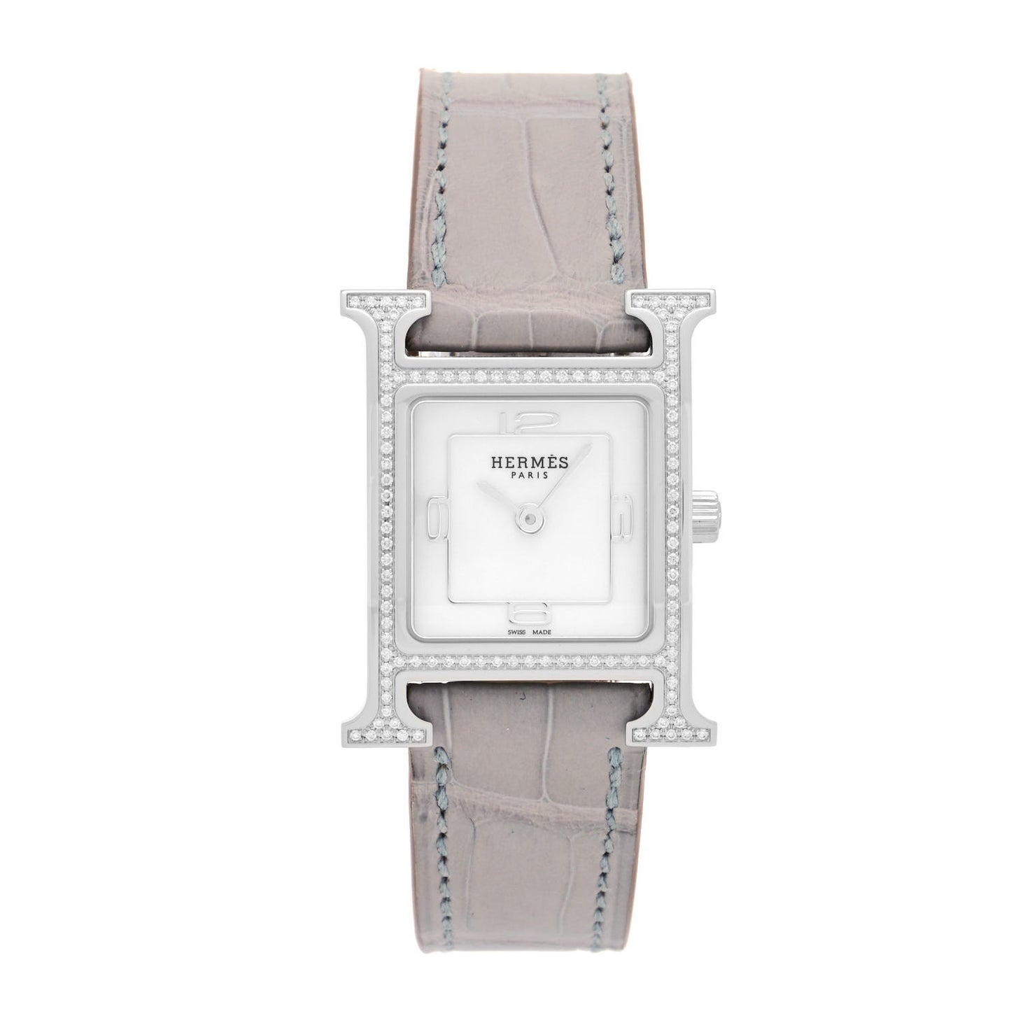 Stainless Steel Alligator Diamond Bezel Mother of Pearl 21mm Heure H Hour Quartz Watch Gris Perle
