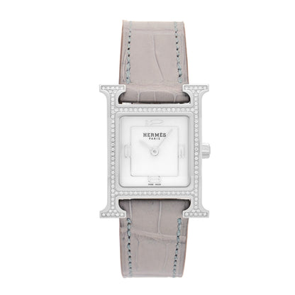 Hermes Stainless Steel Alligator Diamond Bezel Mother of Pearl 21mm Heure H Hour Quartz Watch Gris Perle 1 of 5