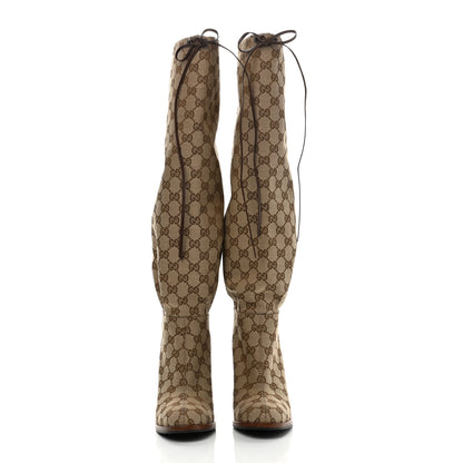 Gucci Monogram Malaga Kid Lisa Mid Heel Boots 37 Beige Ebony 2 of 8