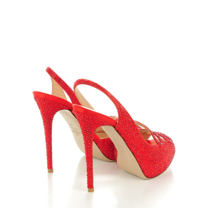 Valentino Garavani Suede Strass Crystal Peep Toe Half d'Orsay Slingback Platforn Sandals 36 Red 4 of 8