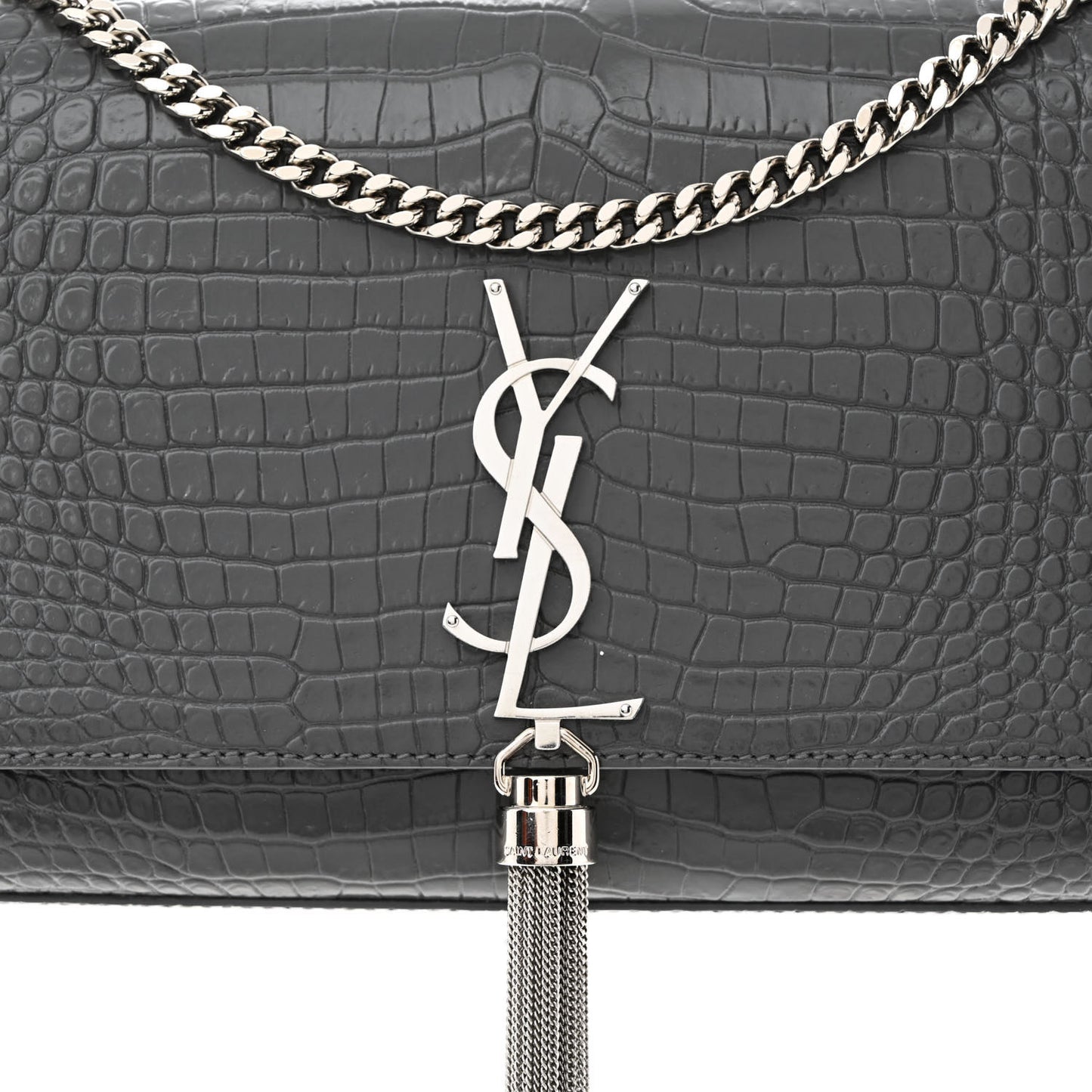 Calfskin Crocodile Embossed Medium Classic Monogram Kate Tassel Satchel Storm