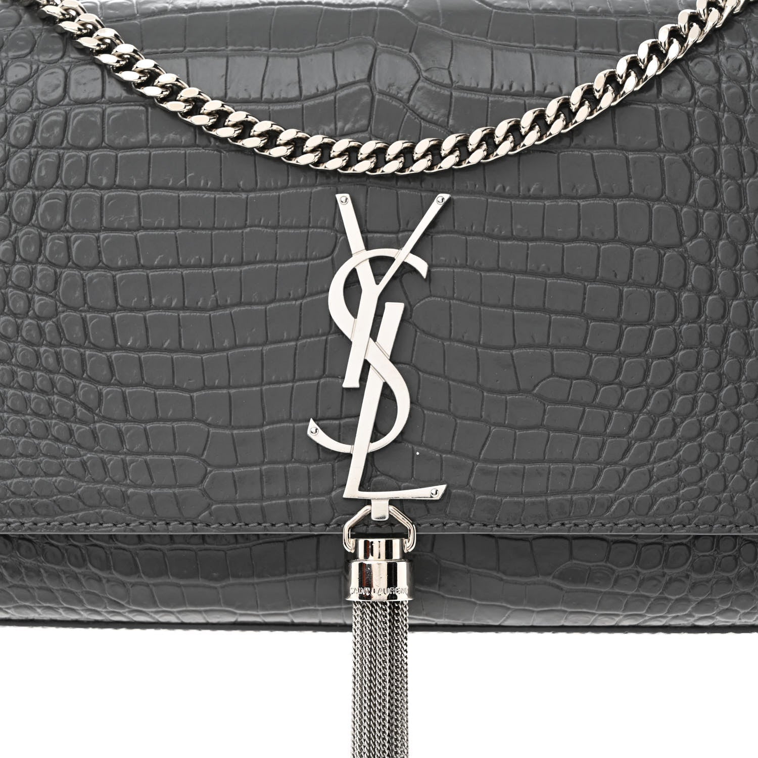 Saint Laurent Calfskin Crocodile Embossed Medium Classic Monogram Kate Tassel Satchel Storm 8 of 11