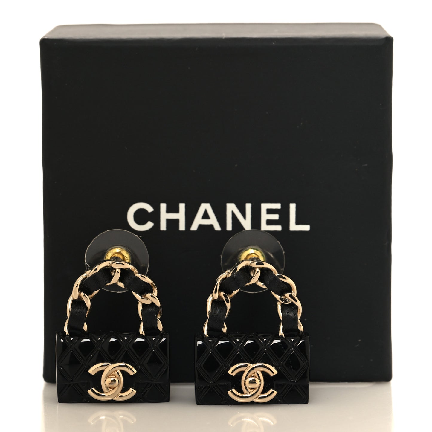Metal Resin Lambskin Quilted CC Turnlock Chain Flap Bag Earrings Black Gold