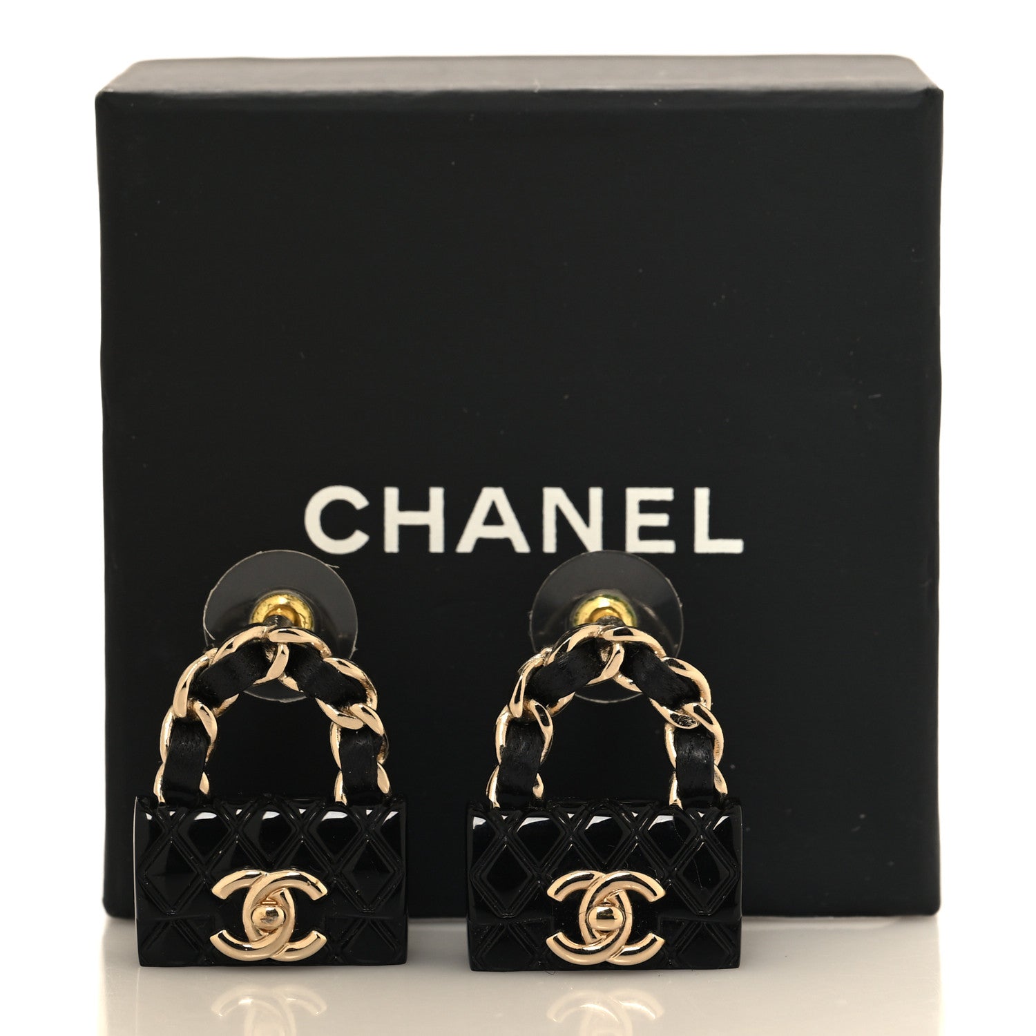 Chanel Metal Resin Lambskin Quilted CC Turnlock Chain Flap Bag Earrings Black Gold 5 of 5