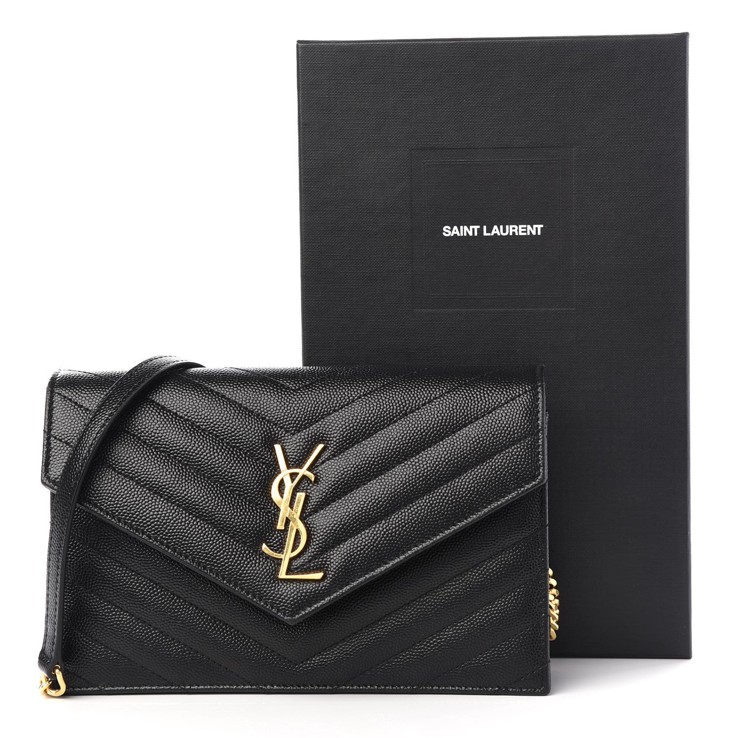 Grain De Poudre Matelasse Chevron Monogram Envelope Chain Wallet Black