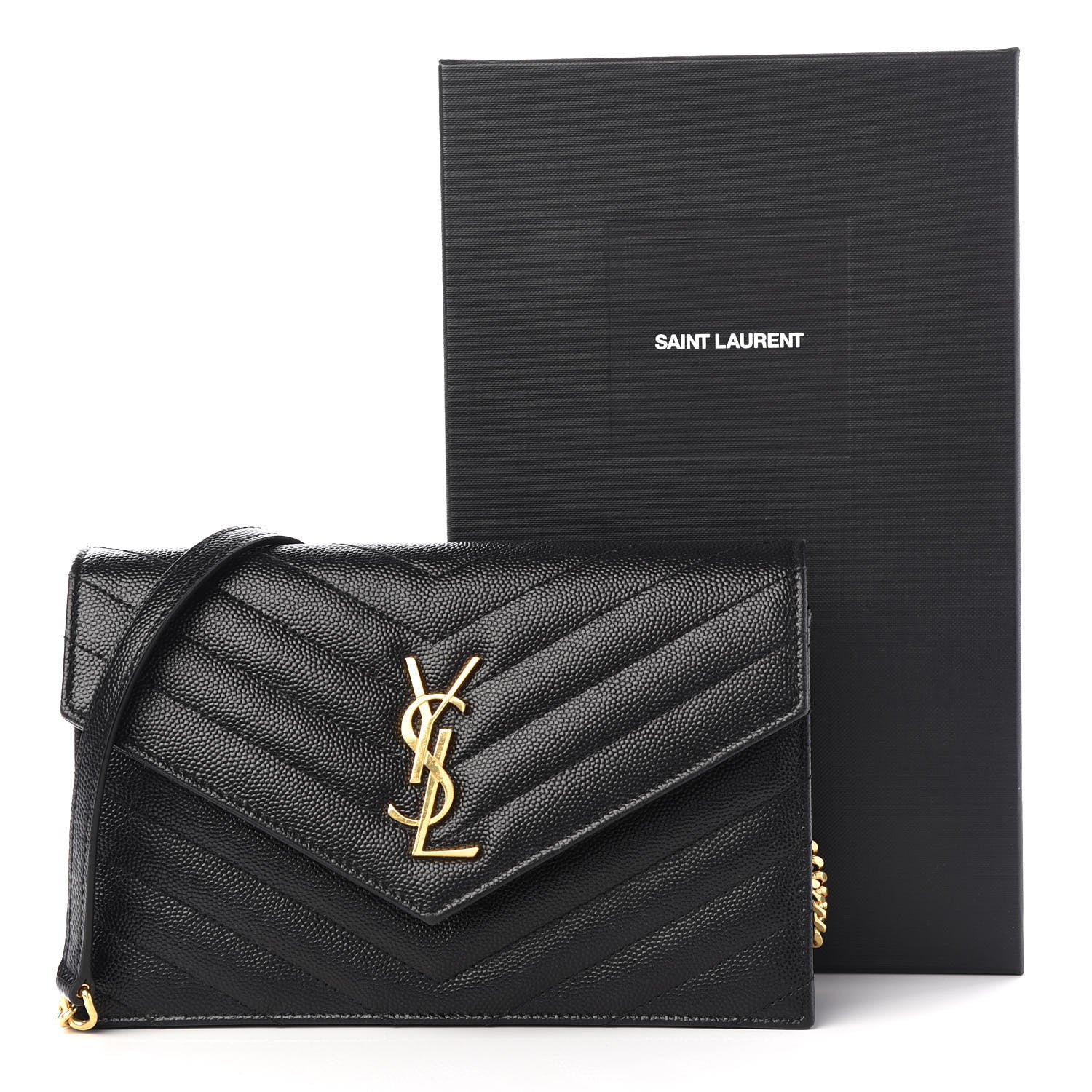 Saint Laurent Grain De Poudre Matelasse Chevron Monogram Envelope Chain Wallet Black 9 of 9