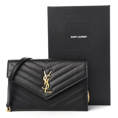 Saint Laurent Grain De Poudre Matelasse Chevron Monogram Envelope Chain Wallet Black 9 of 9