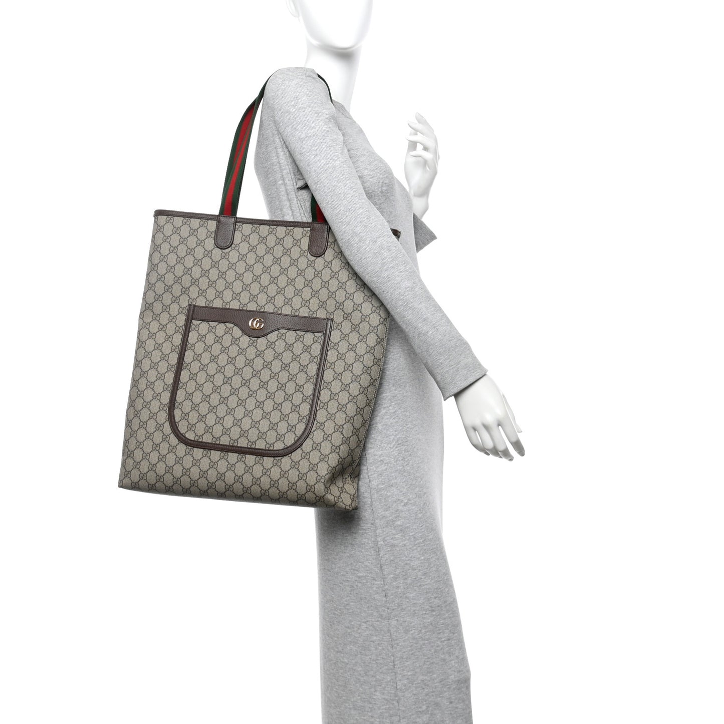 GG Supreme Monogram Web Large Ophidia Vertical  Front Pocket Shopping Tote Brown