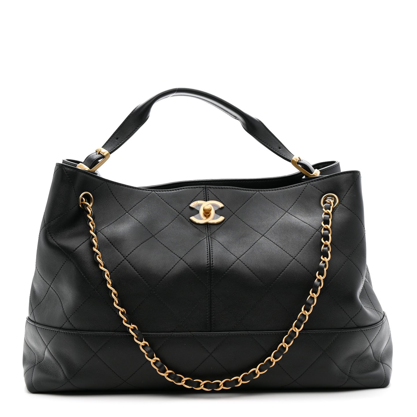 Calfskin Stitched Large Shopping Bag Black