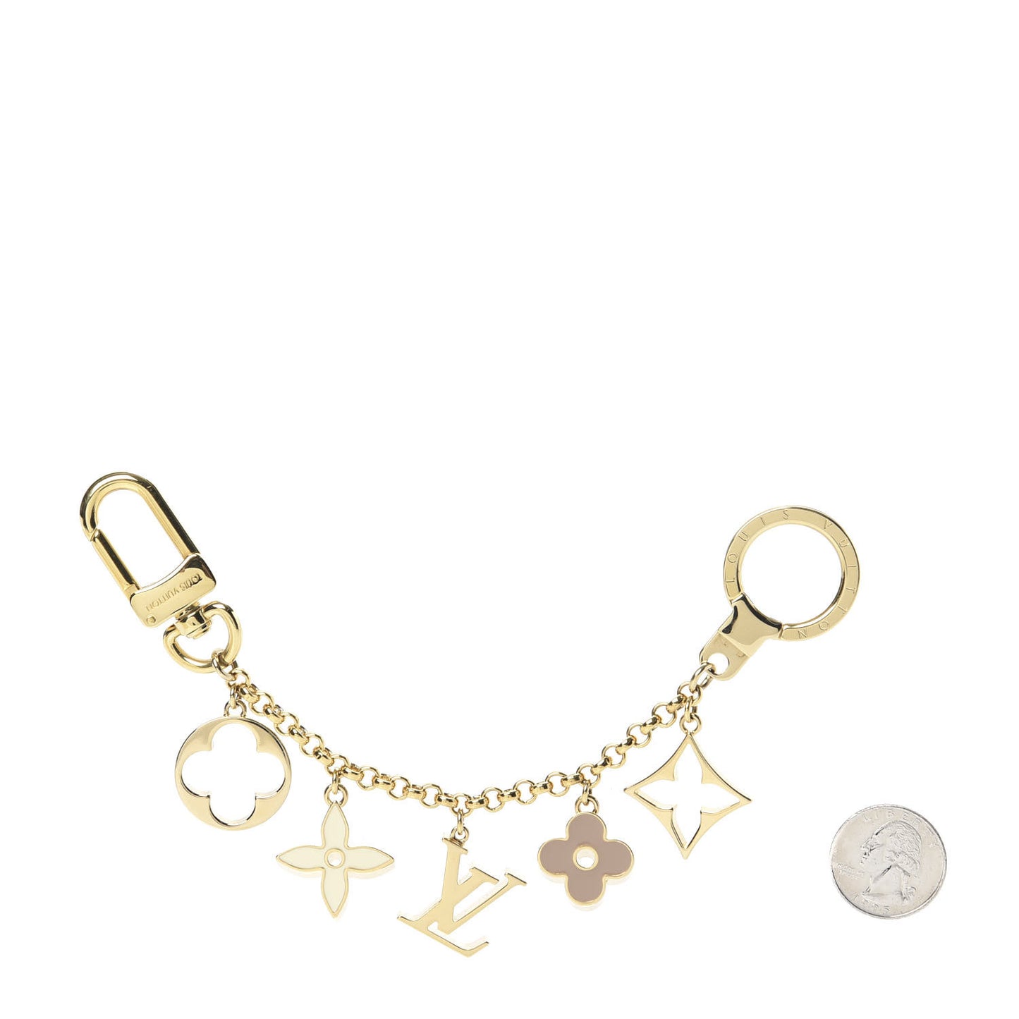 Brass Enamel Fleur De Monogram Bag Charm Chain Gold