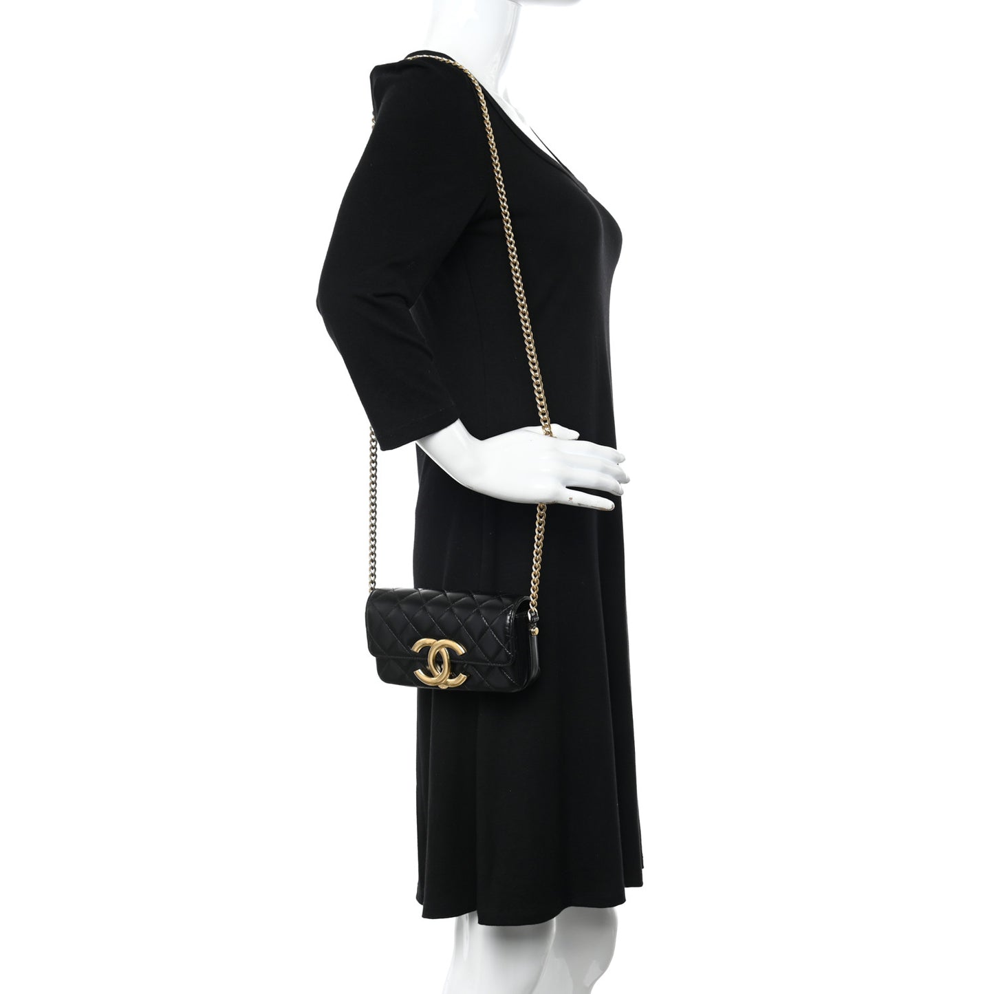 Shiny Calfskin Quilted Flap Phone Holder With Chain Black