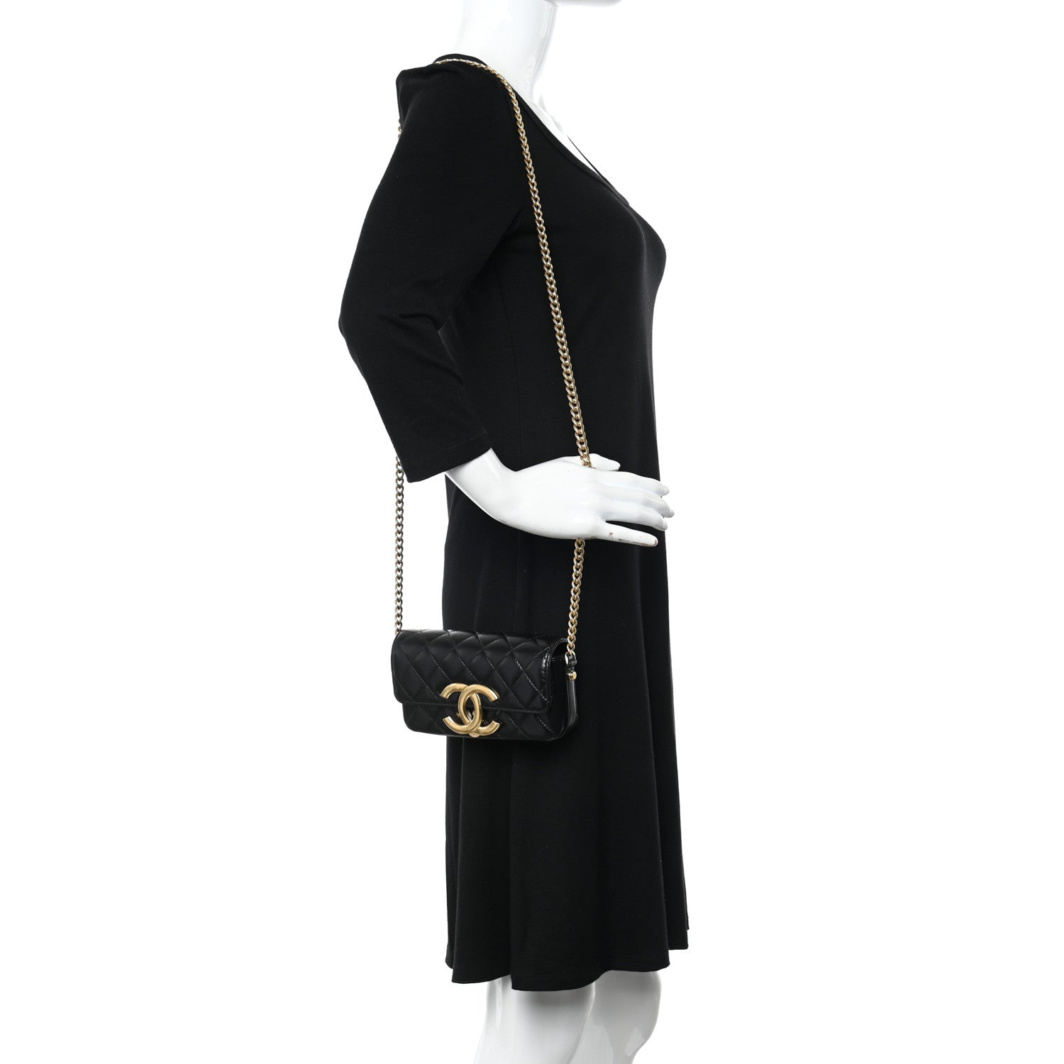 Chanel Shiny Calfskin Quilted Flap Phone Holder With Chain Black 2 of 12