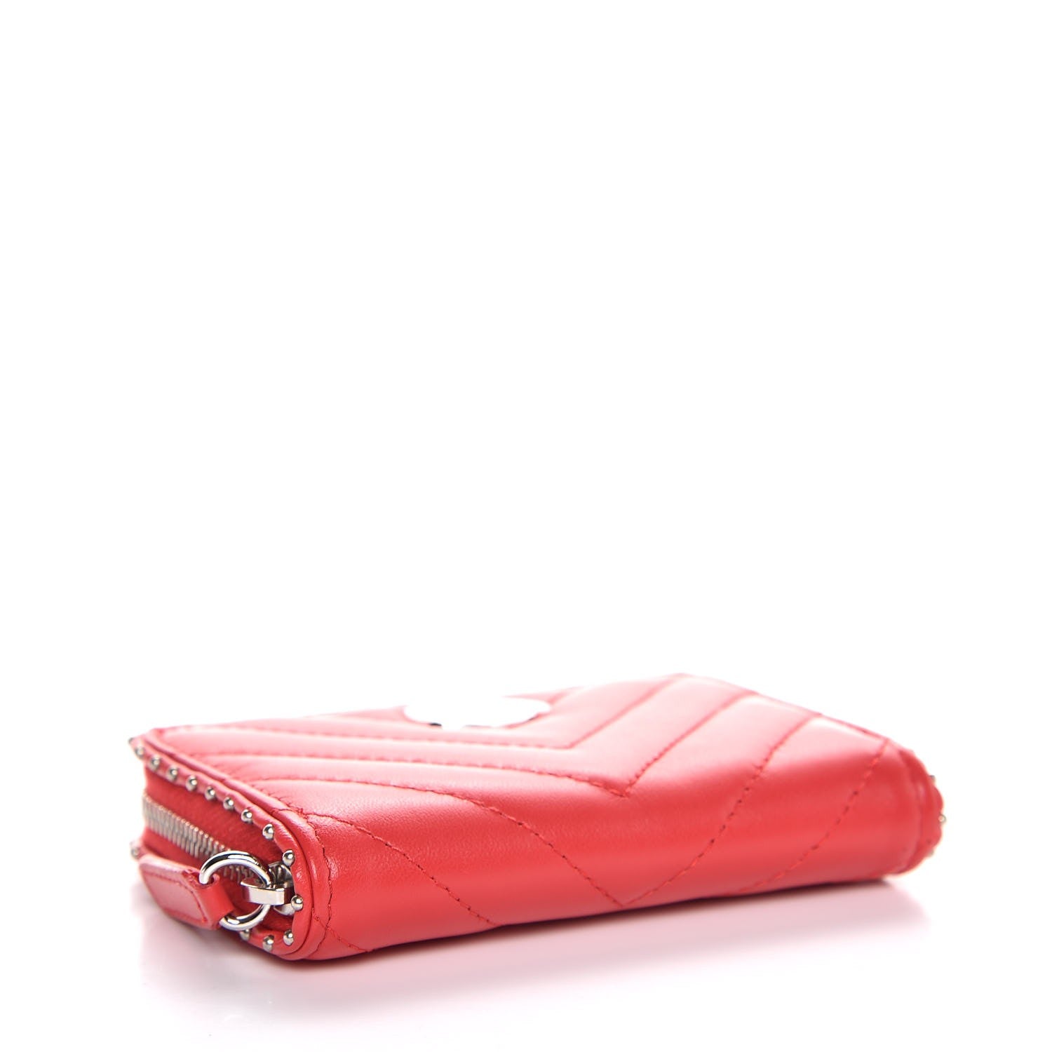 Chanel Lambskin Chevron Studded Zip Around Coin Purse Wallet Light Red 4 of 8