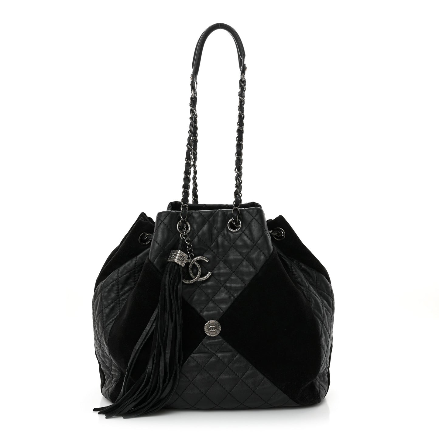Goatskin Suede Calfskin Quilted Patchwork Drawstring Bag Black