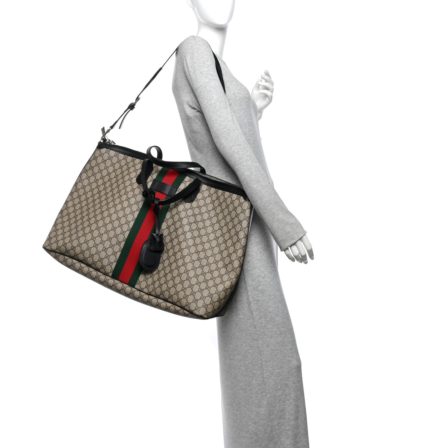 GG Supreme Monogram Web Large Zippered Tote Beige Black