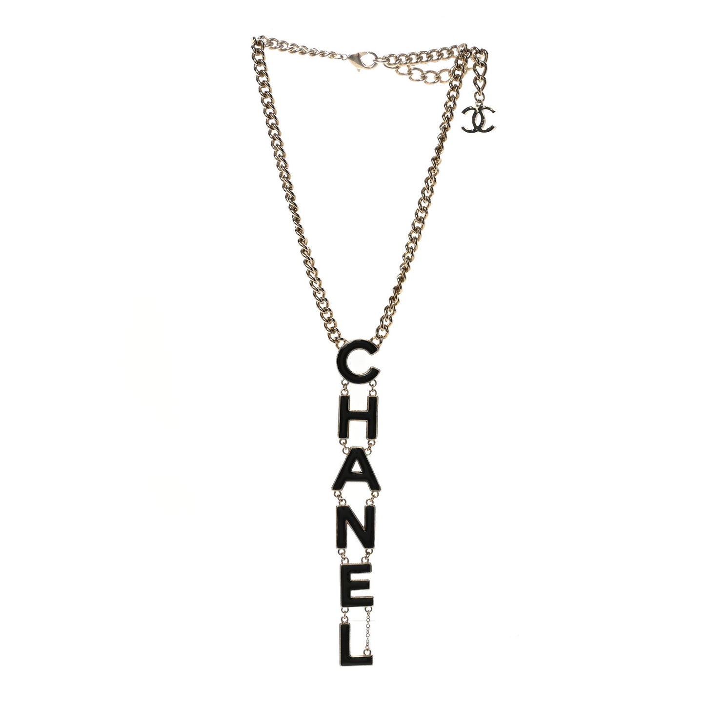 Metal Enamel Long Logo Necklace Gold Black