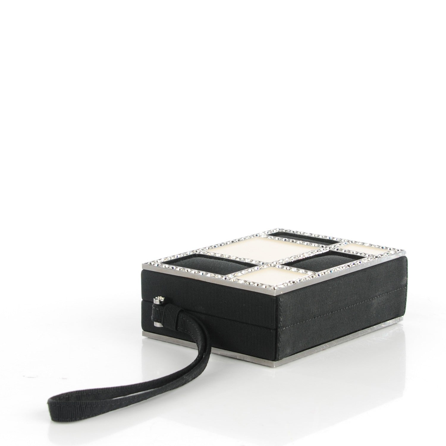 Chanel Grosgrain Crystal Box Wristlet Clutch Black White 3 of 6