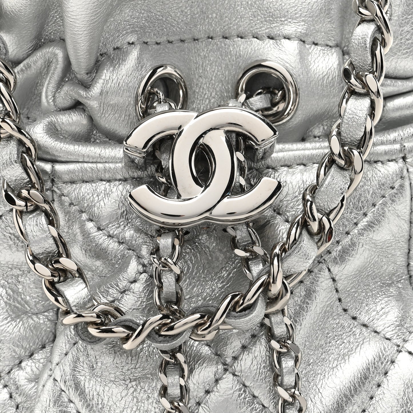Metallic Aged Calfskin Quilted Small Gabrielle Bucket Silver