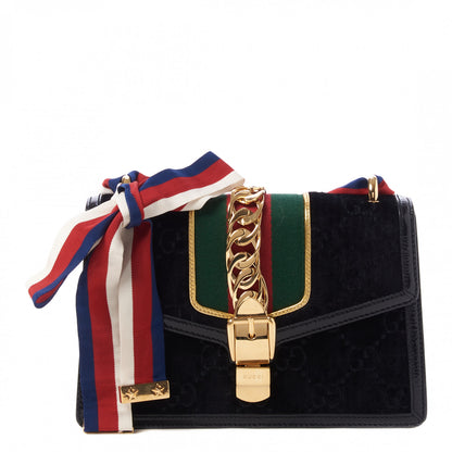 Gucci Velvet GG Monogram Small Sylvie Shoulder Bag Black 1 of 9