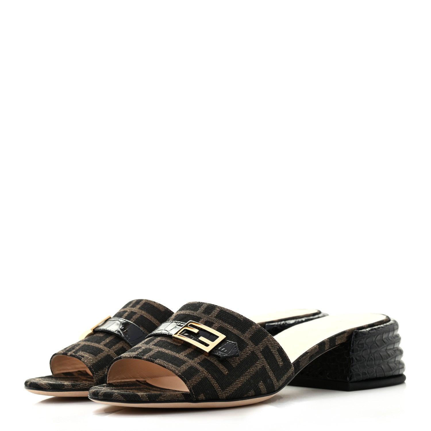 Fendi Jacquard Calfskin FF Crocodile Embossed Promenade Slide Sandals 38 Tobacco Moro Black 3 of 7