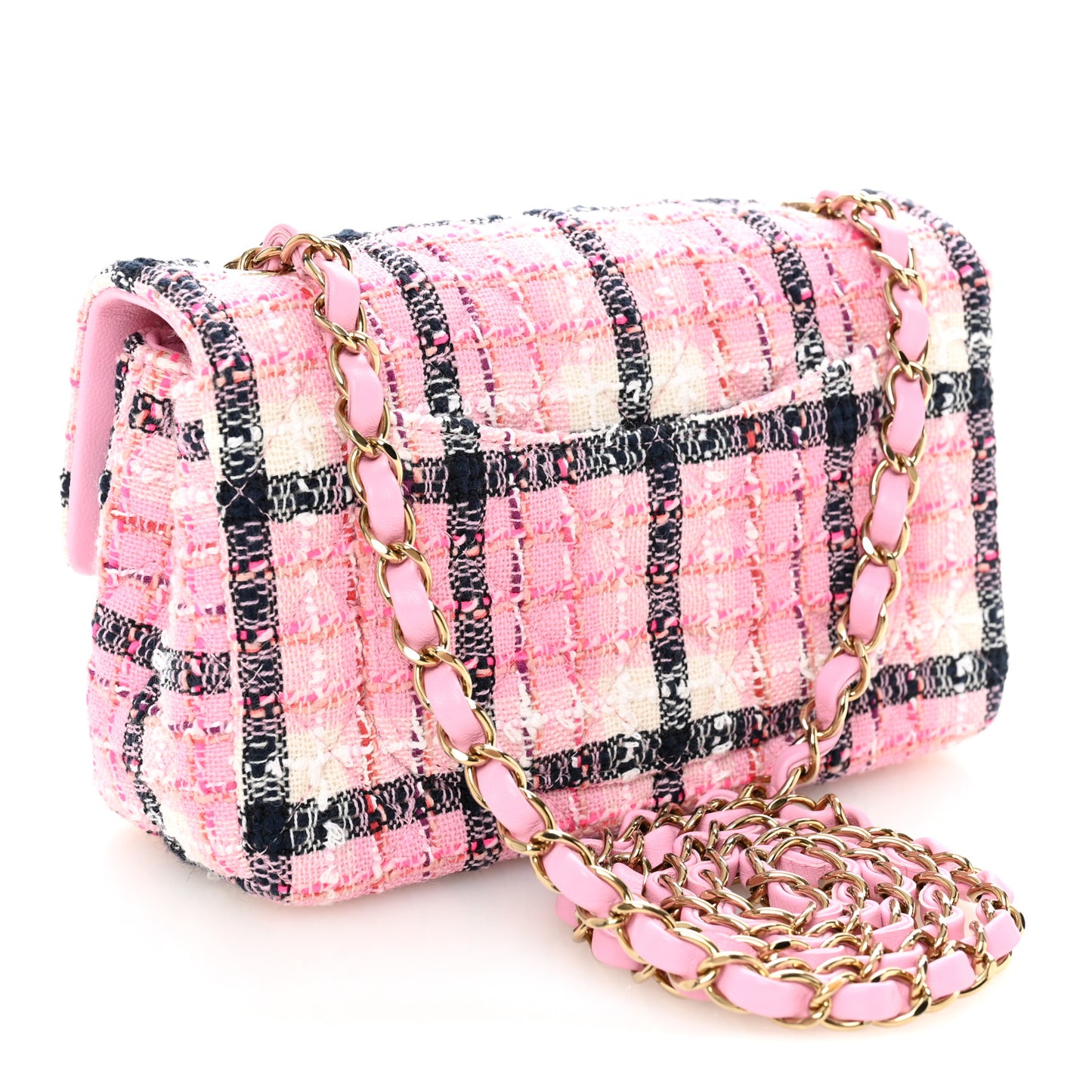 Metallic Tweed Quilted Mini Rectangular Flap Pink Navy White