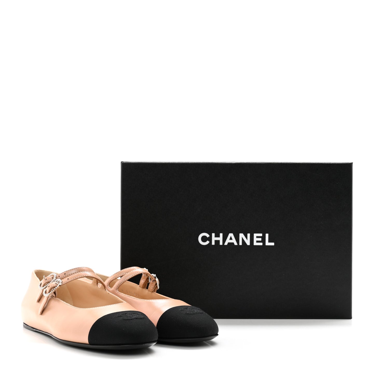 Lambskin Grosgrain Pearl Mary Jane Flats 38.5 Beige Black