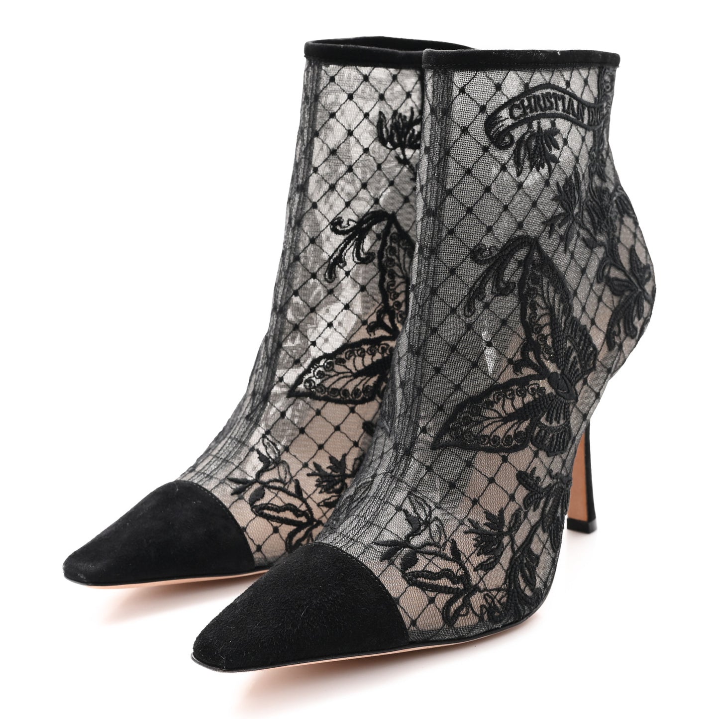 Suede Mesh Lace Embroidered Roses Dior Capture Ankle Boots 40.5 Black