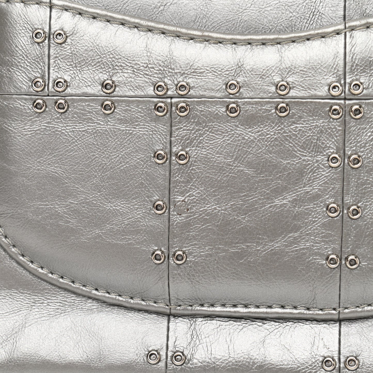 Glazed Calfskin Grommet Embellished Medium Airline Double Flap Silver