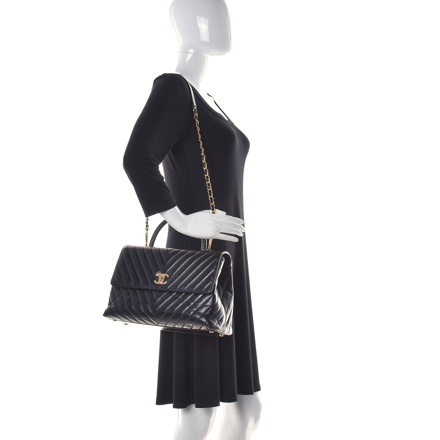 Calfskin Lizard Chevron Quilted Medium Coco Handle Flap Black