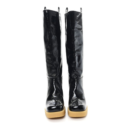 Miu Miu Crinkled Patent Calfskin Knee High Boots 37.5 Black 3 of 9