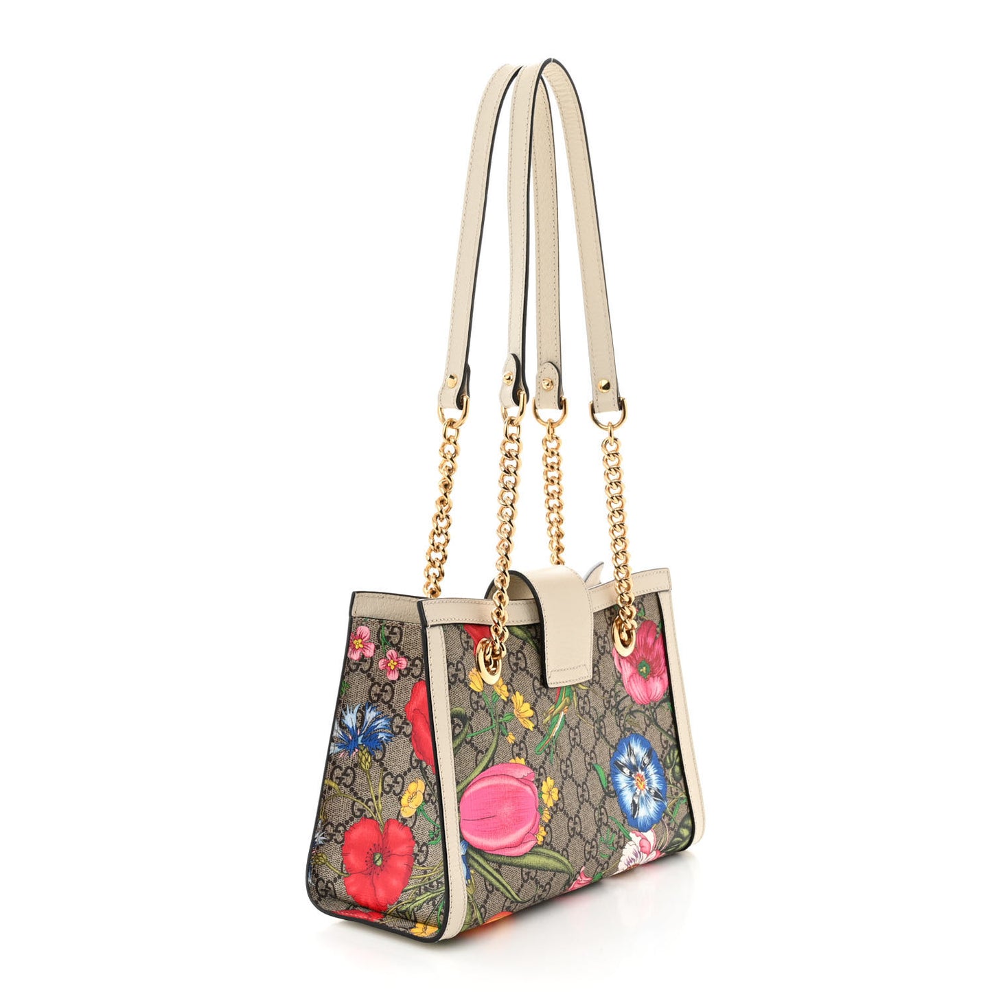 GG Supreme Monogram Flora Textured Calfskin Small Padlock Tote Beige Ebony Multicolor Mystic White
