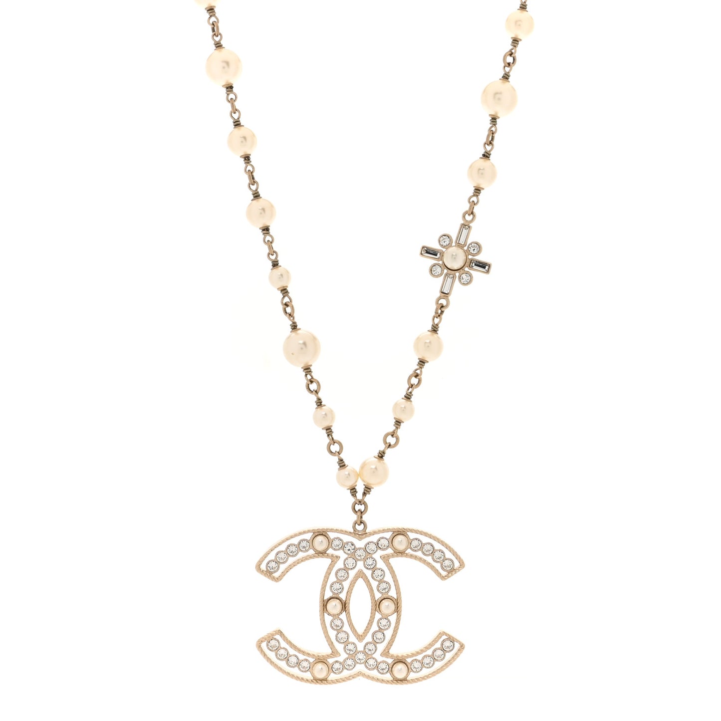Crystal Baguette Pearl CC Cross Pendant Necklace Gold