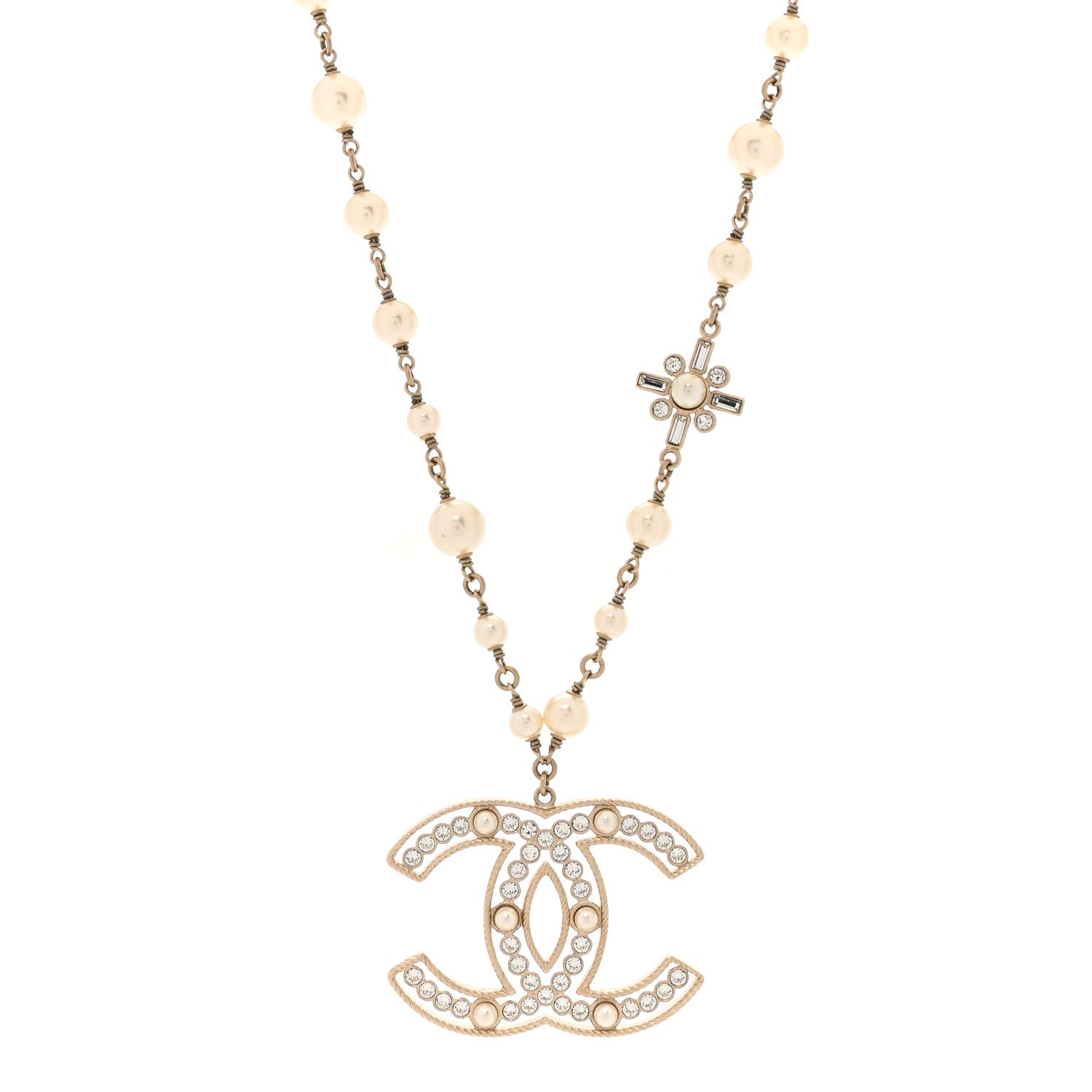 Chanel Crystal Baguette Pearl CC Cross Pendant Necklace Gold 3 of 4