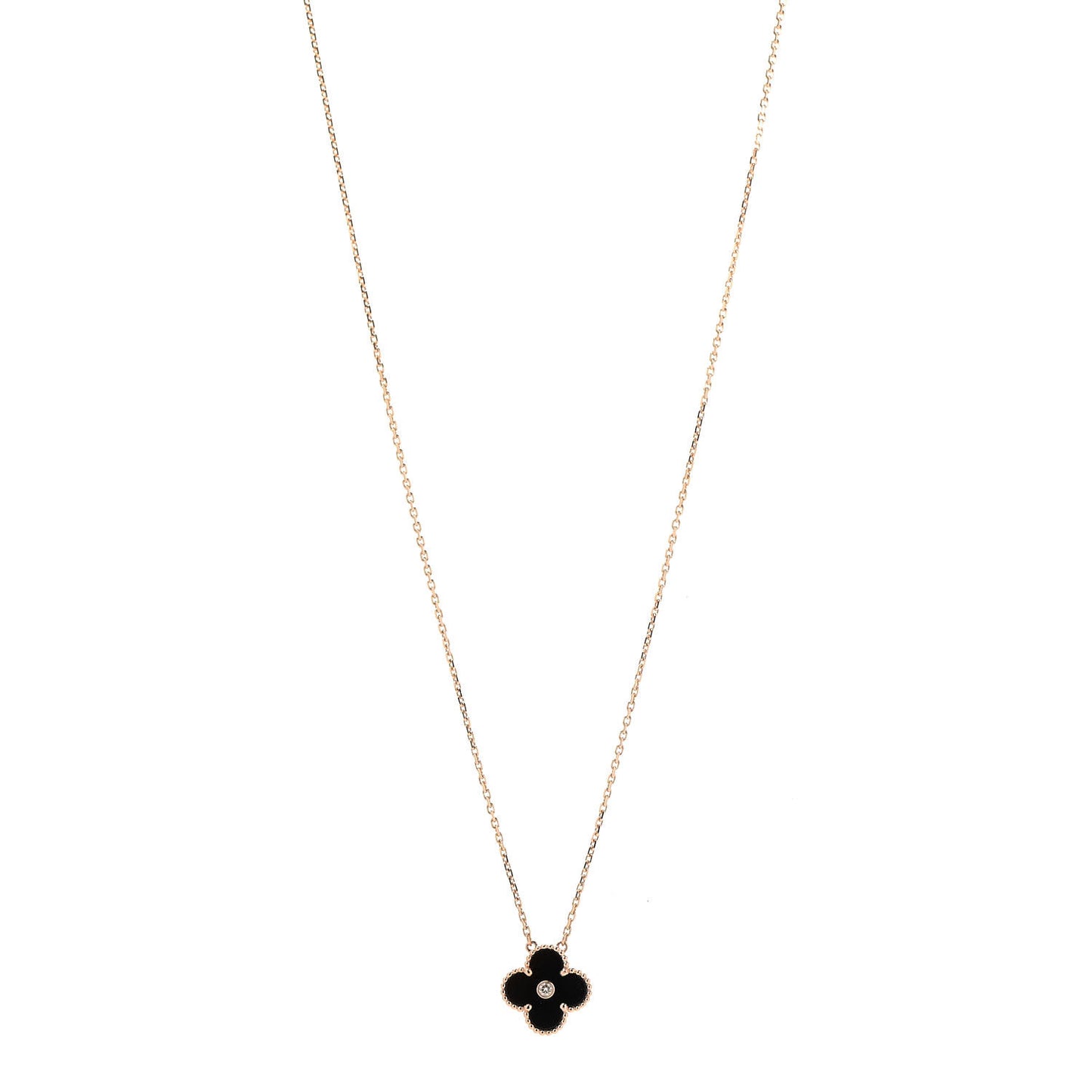 18K Rose Gold Diamond Black Onyx Vintage Alhambra Pendant Necklace