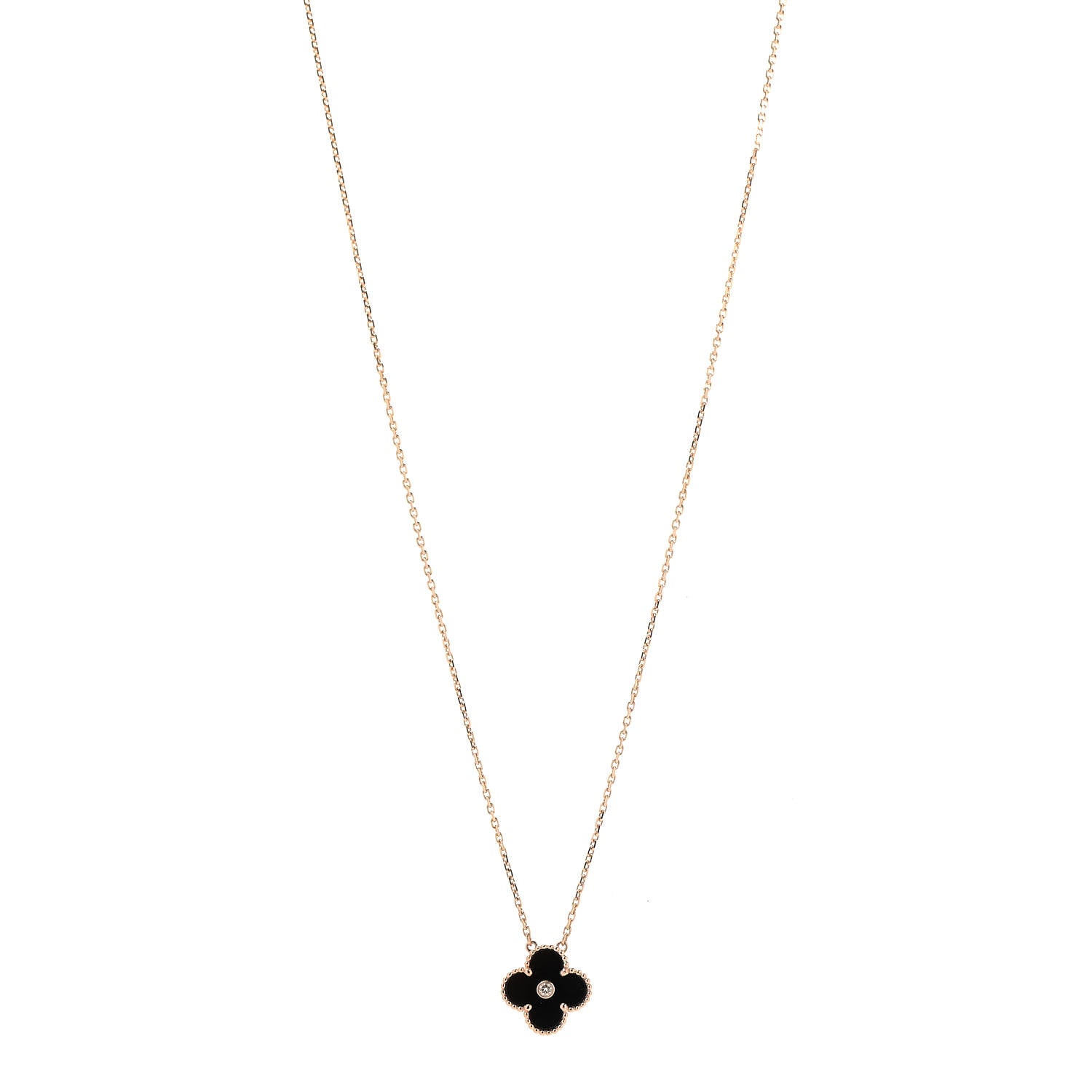 Van Cleef & Arpels 18K Rose Gold Diamond Black Onyx Vintage Alhambra Pendant Necklace 1 of 7