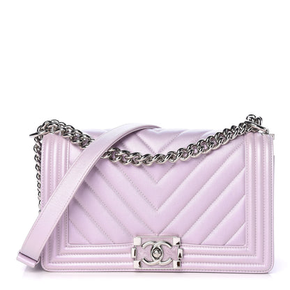 Chanel Metallic Lambskin Chevron Quilted Medium Boy Flap Pink 1 of 13