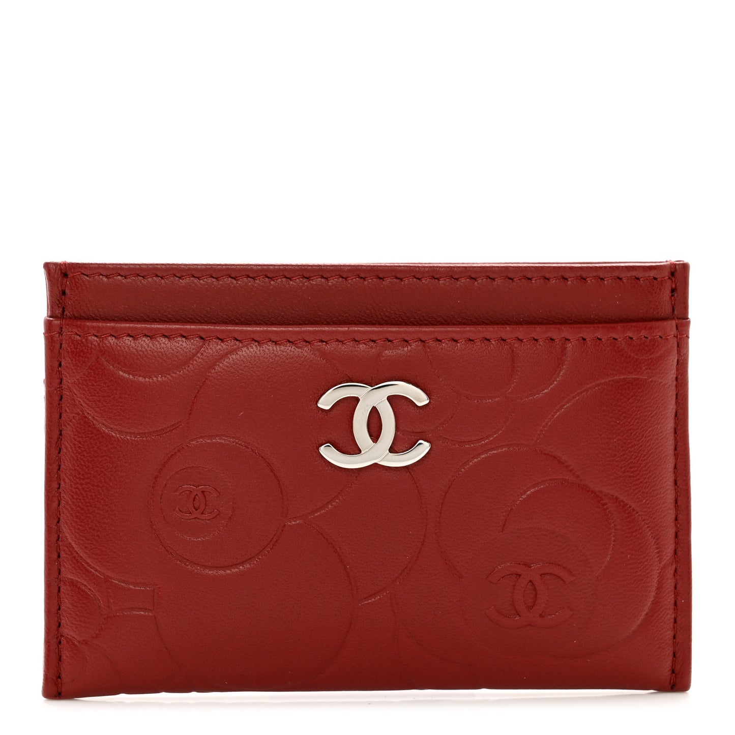 Lambskin Camellia Embossed Card Holder Red
