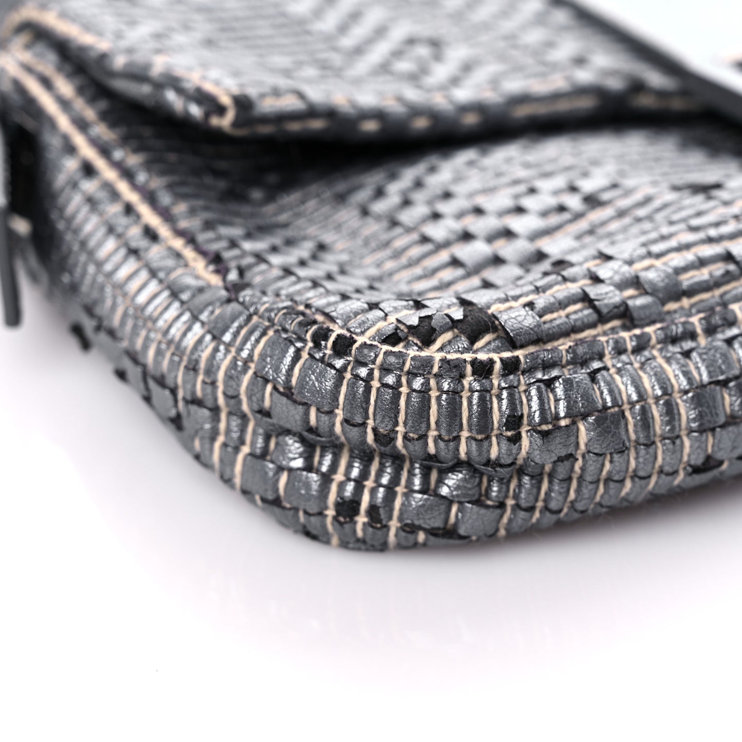 Metallic Lambskin Woven Baguette Grey