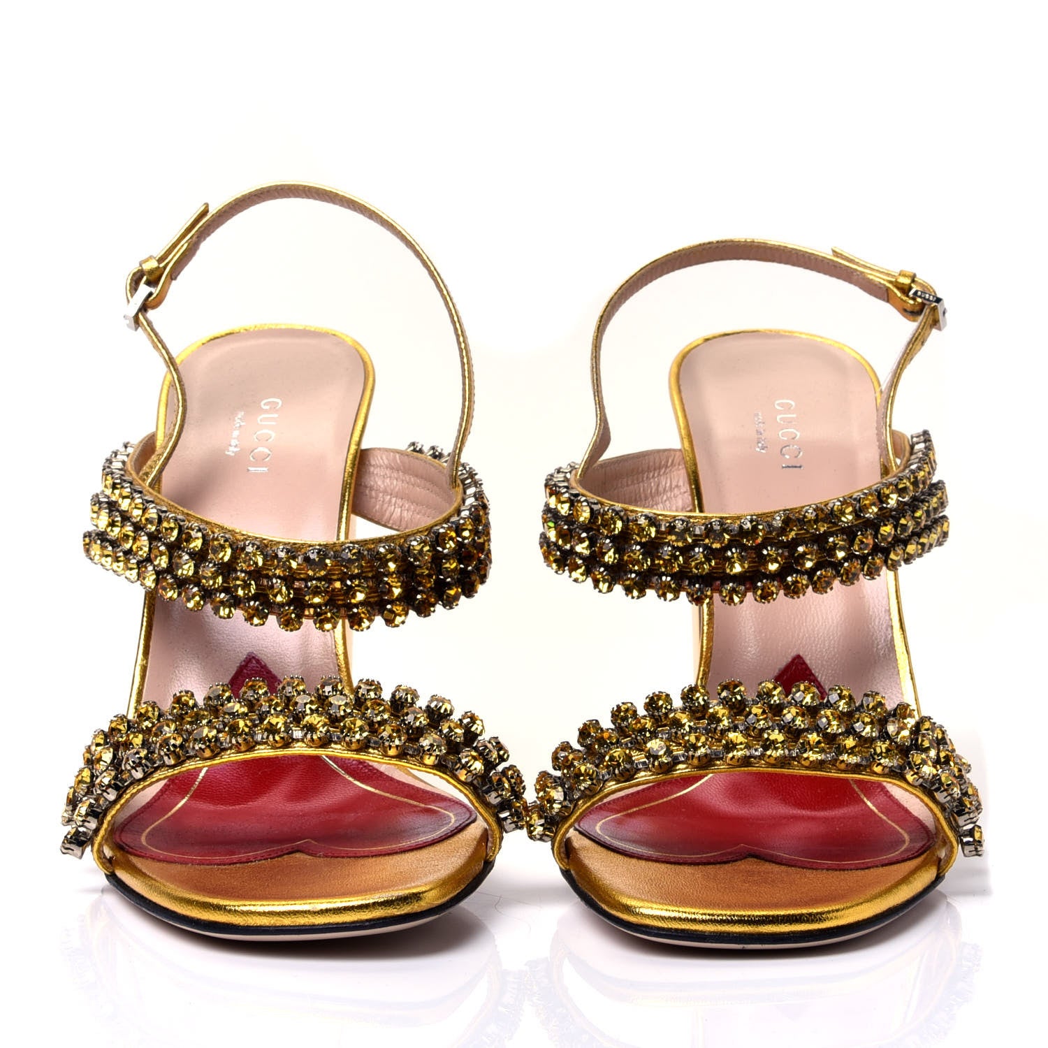 Gucci Nappa Silk Crystal Bertie High Heel Sandals 38.5 Gold 2 of 11