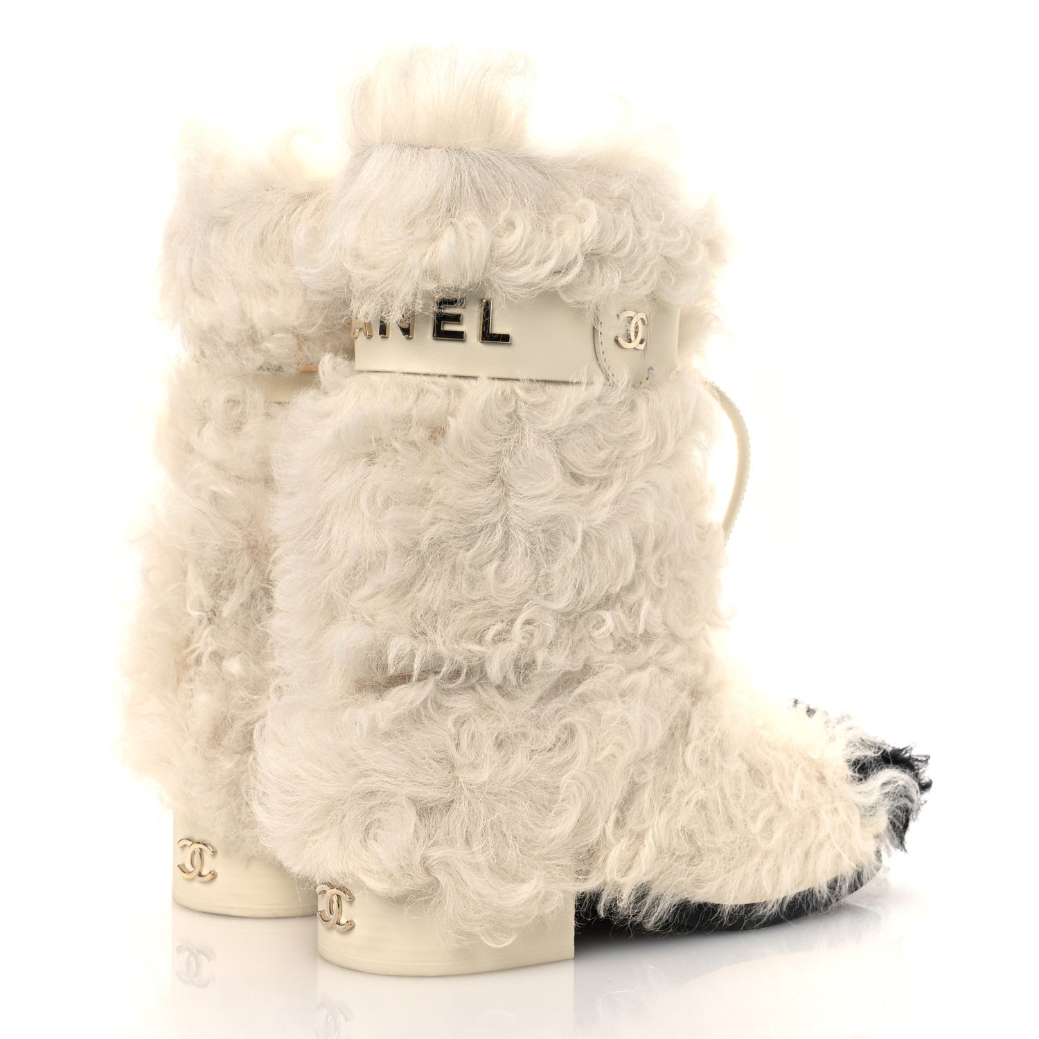 Chanel Shearling Sheepskin High Boots 38 Ivory Black 5 of 11