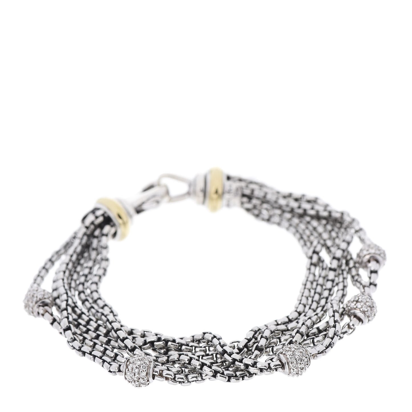Sterling Silver 14K Yellow Gold Diamond Pave Bead Multi Strand Bracelet