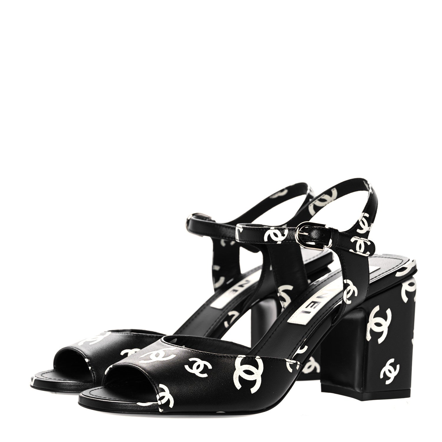 Chanel Printed Lambskin CC Sandals 36.5 Black White 3 of 9
