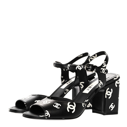 Chanel Printed Lambskin CC Sandals 36.5 Black White 3 of 9